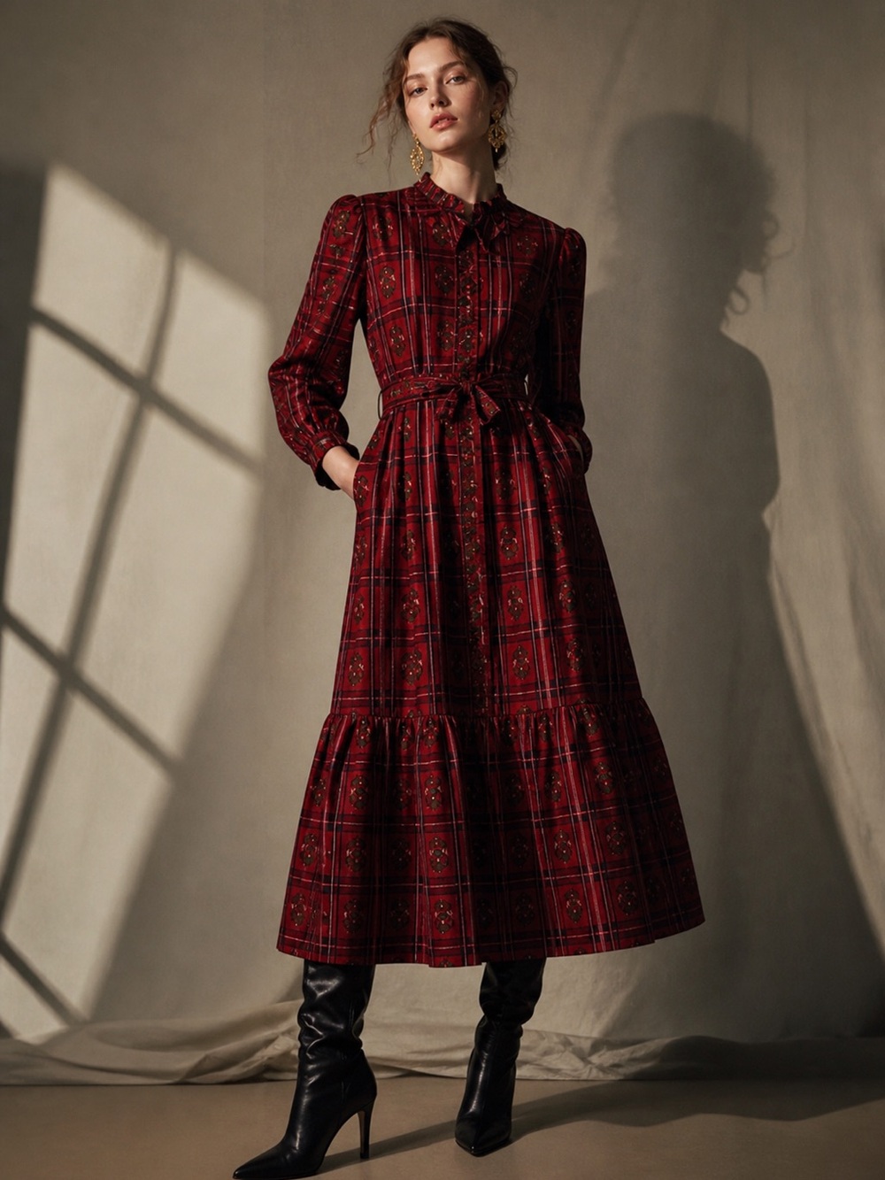Vintage 70s Inspired Red Plaid Floral Maxi Dress Belted NWT